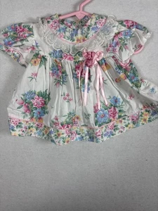 Vintage Baby Mädchen Blumen Kleid 6-9M Spitze Kragen Rosa Schleife Baumwolle Frühling - Bild 1 von 9