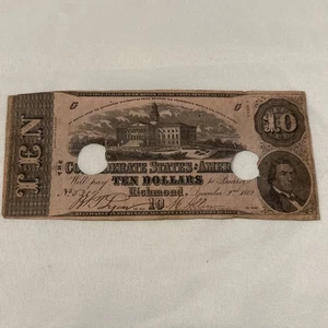 1862 $10 Confederate States Of America Richmond CSA Note Circulated - Picture 1 of 10