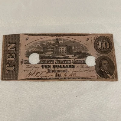 1862 $10 Confederate States Of America Richmond CSA Note Circulated - Image 1 of 4