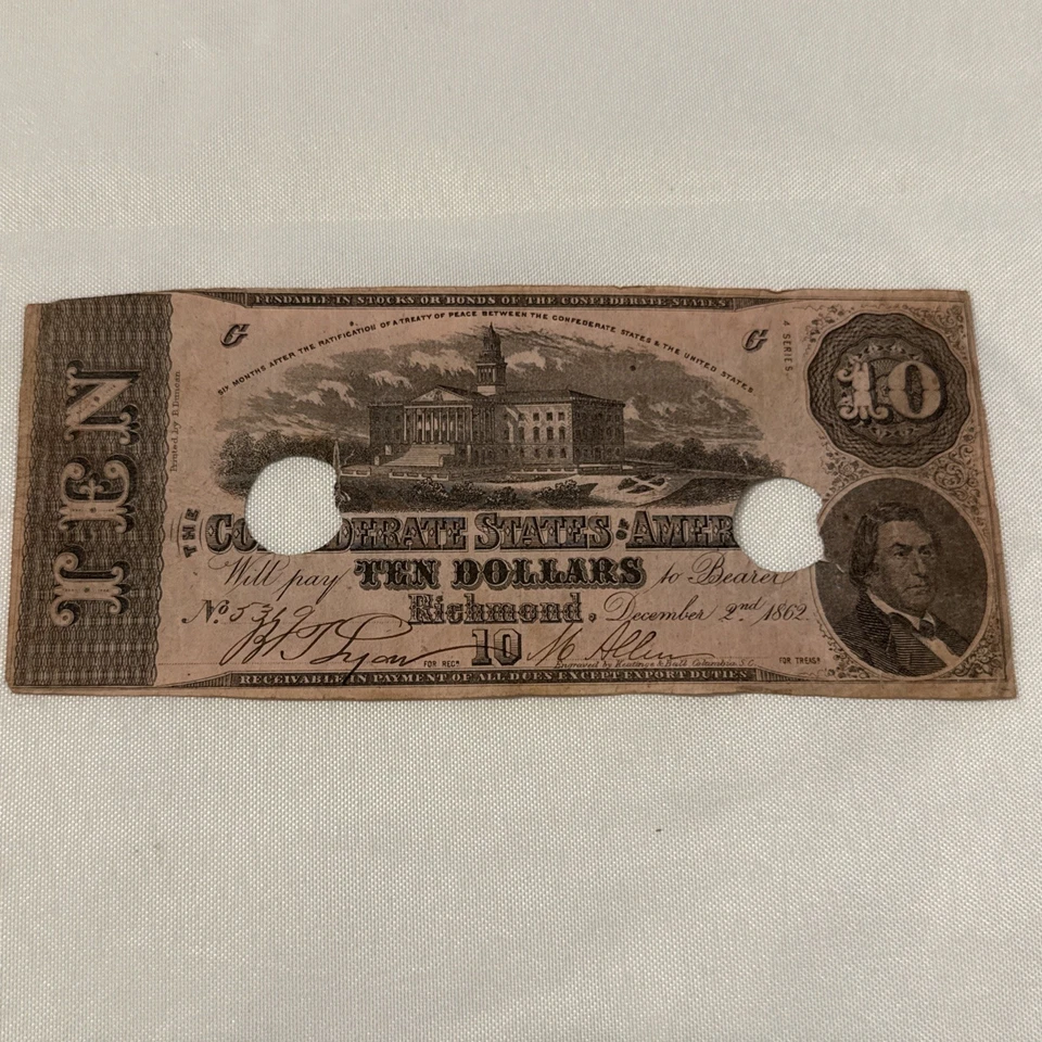 1862 $10 Confederate States Of America Richmond CSA Note Circulated - Image 1 of 4