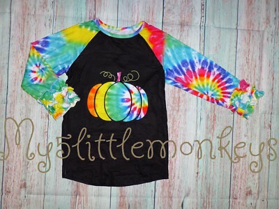 NEW Boutique Tie Dye Pumpkin Girls Ruffle Sleeve Halloween Shirt - Image 1 of 2