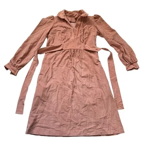 Vintage 1970s dress long sleeve size 7 tag dusty pink corduroy big collar v neck - Picture 1 of 5