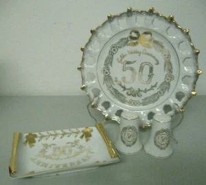 Lefton China 50th Anniversary Plate Dish Salt and Pepper Shakers 4 Pc Set - Picture 1 of 10