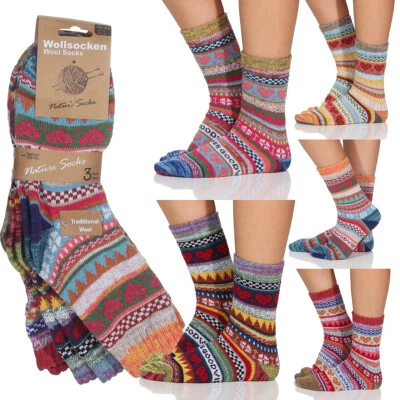 CLEO STYLE 3 Paar bunte Wollsocken Warme Strümpfe Norweger Hütten Winter warm Kuschel Bunt