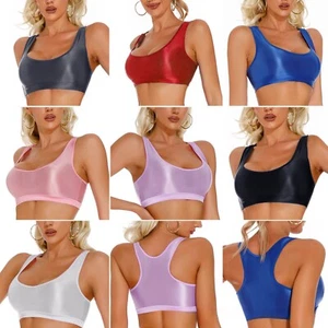 Women's Oily Glossy Shiny Crop Tops Workout Sport Bras Vest Tank Top Clubwear - Picture 1 of 29
