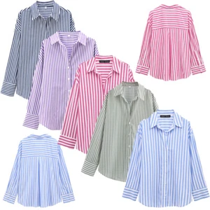 Womens Tops Summer Shirts Daily Blouses Striped Turn-down Tunic Versatile Work - Picture 1 of 43