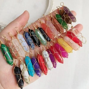 20pcs Mixed Natural Stone Pillar Shape Handmade Golden Iron Wire Pendants - Picture 1 of 7
