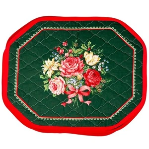 Vintage Quilted Floral Placemats Reversible Dark Green & Red 14 x 18 Set of 8 - Picture 1 of 9