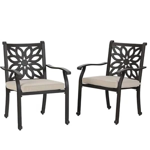 Patio Dining Chair Set of 2 Cast Aluminum Outdoor Furniture w/ Cushion - Picture 1 of 7