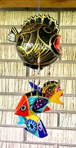 Hanging Folk Art Coconut Fish Hand Carved Mexico Home Tropical Wind Chime #17 - Picture 1 of 7