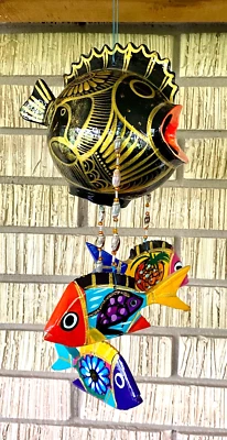 Hanging Folk Art Coconut Fish Hand Carved Mexico Home Tropical Wind Chime #17 - Image 1 of 4