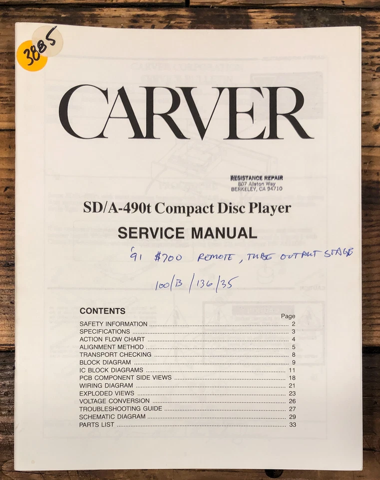 Manual de servicio del reproductor de CD Carver SD/A-490T *Original* Foto 1 de 1