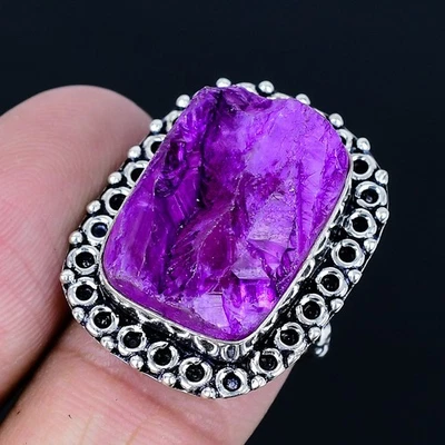 紫色 Druzy 石英 925 镀银手工戒指 美国尺寸 6.5 — 第 1/3 张图片