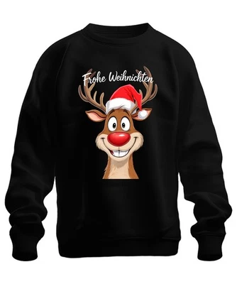 Frohe Weihnachten Rentier Rudolph Cartoon Lustig Weihnachtsmütze Unisex Sweatshi - Bild 1 von 4
