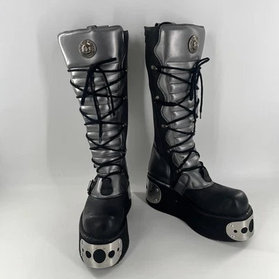 NUEVAS BOTAS DE PLATAFORMA ROCK de cuero metálico gris plateado hasta la rodilla de colección UE 45 EE. UU. 12 Foto 1 de 4