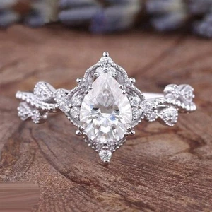 2.50 Ct Pear Cut Diamond Art Deco Engagement Wedding Ring 14K White Gold Finish - Picture 1 of 8