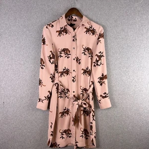 Ann Taylor Shirt Dress Women Small Pink Animal Novelty Print Belted Button Artsy - Picture 1 of 12