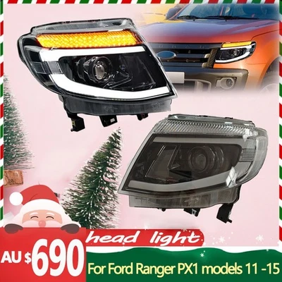 PAIR LED HEAD LIGHT ASSY SMOKED BLACK FITS FORD RANGER PX 1 2011 - 2015 L+R - image 1 of 2