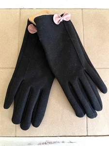 NWT Black Soft Material Lined Gloves with Bows, Size Small - Picture 1 of 4