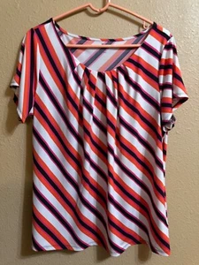 WORTHINGTON TOP BLOUSE SZ 1X ORANGE PINK BLACK WHITE PRINT STRETCH SHORT CAP SLV - Picture 1 of 3