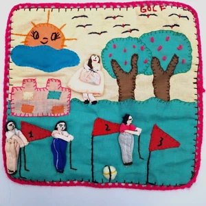 VTG Arpillera Folk Art Wall 3-D Quilt Tapestry Applique GOLF 10" - Picture 1 of 7
