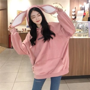 Women Girl Loose Pullover Sweatshirt Hoodies Top Velvet Japanese Bunny Ear Cute - Picture 1 of 14