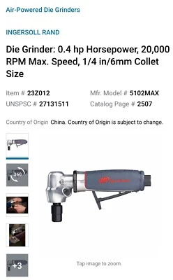 Ingersoll Rand 5102MAX Angled Air Die Grinder 20,000 RPM Output 1/4" & 6mm Foto 1 de 4