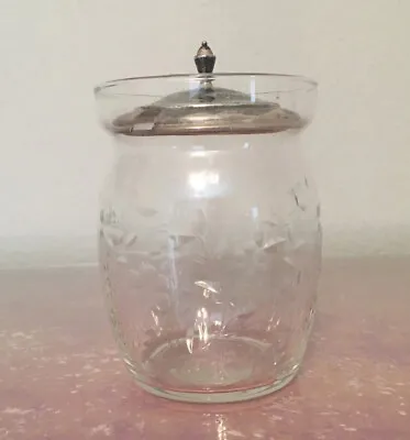 Vintage Sterling Silver Etched Glass Sugar Jar Condiment Mustard Pot Jelly Jar • 33.73$