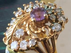 Lind light Amethyst Leaf Gold GF Purple & Crystals Cocktail Ring Sz 7 Vintage - Picture 1 of 10