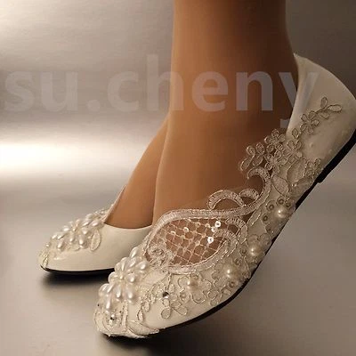 su.cheny кружева белый слоновой кости жемчуг плоскостях низкий высокий каблук насосы свадьбы свадебные туфли - Изображение 1 из 4