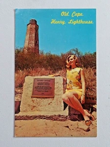 Old Cape Henry Lighthouse Virginia Beach Cute Woman Next to Plaque Postcard 7038 - Picture 1 of 2