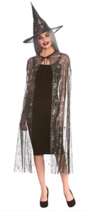 NEW Shimmering Spider Web Witch Cape & Hat Halloween Fancy Dress Accessories - Picture 1 of 1