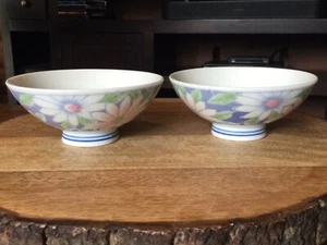Rice Bowls Pink Flowers with Green Leaves Pastels and Blue border, Japan Signed - Picture 1 of 4