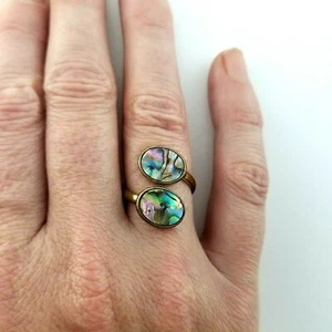 Vtg ABALONE SHELL and COPPER Ring Dual Oval Stone sz 6.5 Adjustable RARE * - Picture 1 of 5