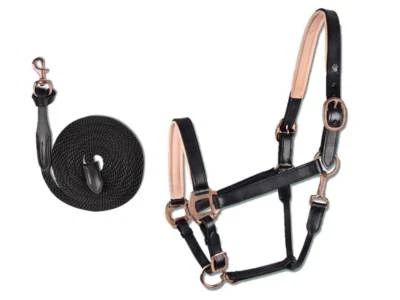 Lederhalfter Set, Stallhalfter Set komplett mit Strick, Rosé schwarz, VB, WB - Bild 1 von 4