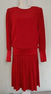 Vintage Albert Nipon Red Cocktail Dress sz 8 Made USA Union Satin Rhinestones - Picture 1 of 16