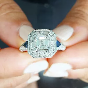 14k White Gold Asscher Cut Diamond Engagement Deco Halo Ring Bridal Halo 1.45ctw - Picture 1 of 10