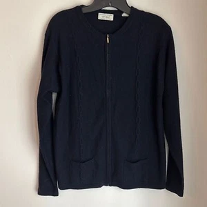Vintage 100% Cashmere Women’s Classic navy blue full zip cable knit Sweater LG - Picture 1 of 10