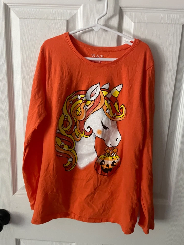 Children's Place Unicorn Girls Long Sleeve Orange Halloween Shirt Sz XL14 - Image 1 of 4