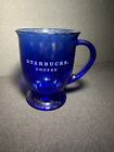 Starbucks Coffee Etched Glass • 16 oz Cobalt Blue Pedestal MUG by Anchor Hocking