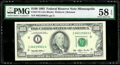 1993 MINNEAPOLIS $100 FEDERAL RESERVE BANK NOTE PMG CHOICE AU 58 EPQ FR# 2174-I - Image 1 of 2