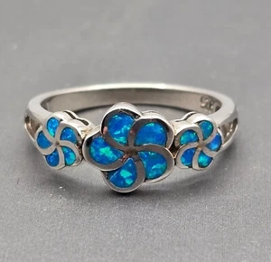 Sterling Silver 925 Blue Inlay Opal Triple Plumeria Flower Ring Size 9 - Picture 1 of 9