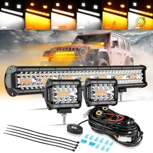 AUXBEAM 20" Strobe Flash Amber White LED Light Bar + 2pcs 4" Pods LED Work Light - Picture 1 of 12