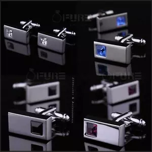 Trendy Men's Rectangular Sparkling Crystal Blue Wedding Best Man Groom Cufflinks - Picture 1 of 9