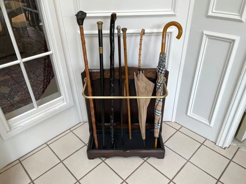 ANTIQUE ENGLISH VICTORIAN OAK & BRASS UMBRELLA & STICK STAND W TIN DRIP TRAY Cover