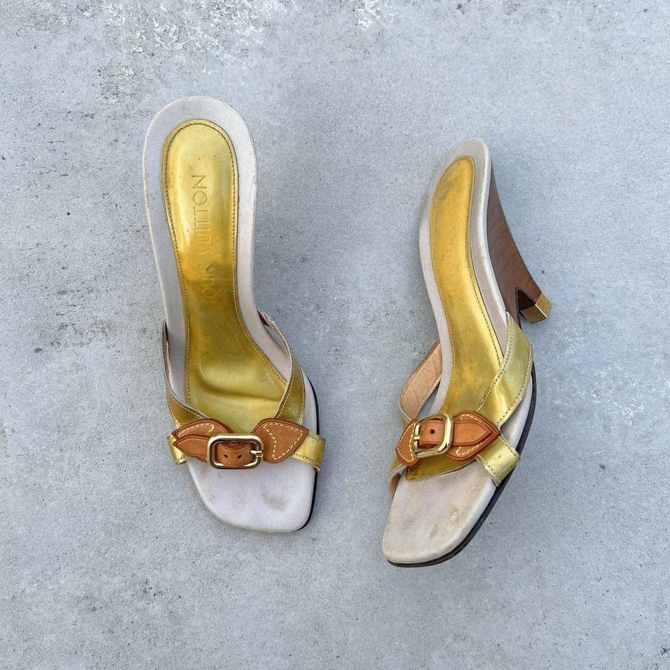 Louis Vuitton | Authentic Vintage Iconic Shimmery Gold Buckle Wedge Heels (37) - Image 1 of 4