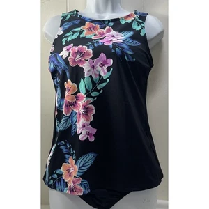 Lands' End Tankini Swimsuit Set Size 8 Floral High Neck Top & Bottoms Black... - Picture 1 of 8