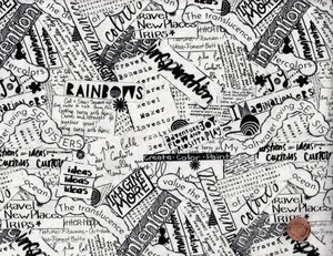 100% Cotton Fabric, WORD COLLAGE by Cori Dantini WHITE & BLACK, BTY - Picture 1 of 2