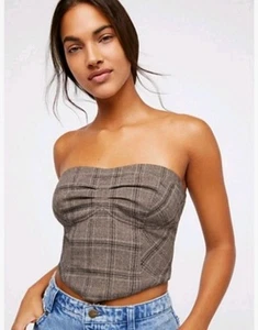 Free People Out West Plaid Corset Top 6 Strapless Dark Academia Preppy Office - Picture 1 of 14