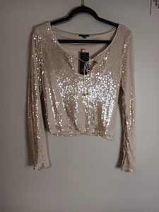 Wild Fable Damen Größe Large Glocke Langarm Pailletten Urlaub Top Champagner - Bild 1 von 6